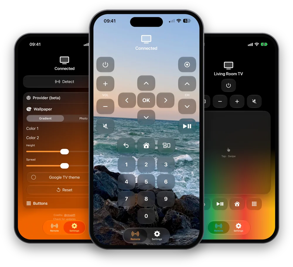 RemoteGlass on three iPhones: the Orange remote, the wallpaper settings, and the Google TV trackpad.