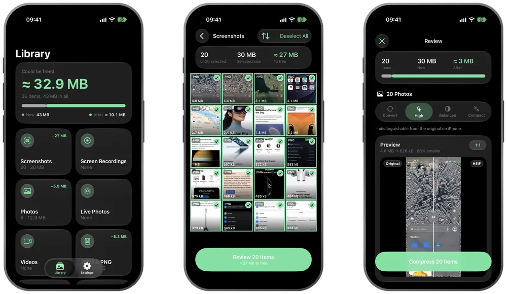 Screenloss on three iPhones: the library with the space that could be freed, a grid of selected screenshots, and the review screen with quality levels and a before/after preview.
