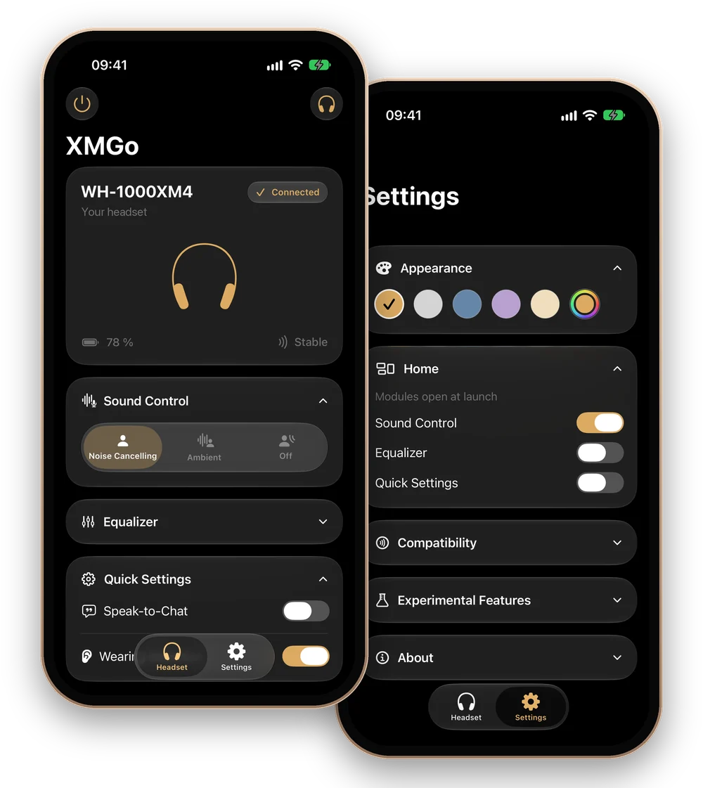 XMGo on two iPhones: the headset screen with sound control and quick settings, and the settings screen with accent colors.